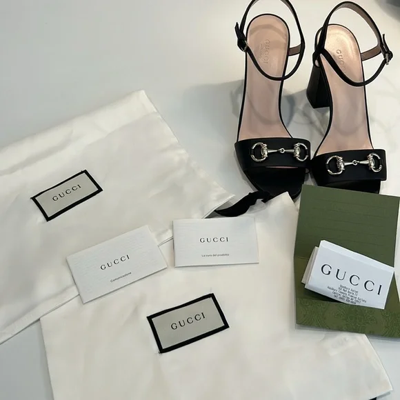 Gucci Black Leather Horsebit Ankle Strap Open Toe Block Heel Sandals Size 38 - Picture 9 of 9
